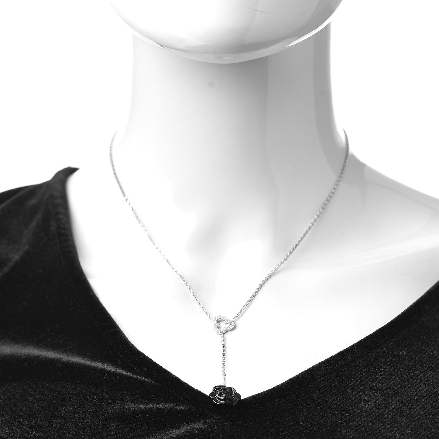18K White Gold Diamond Black Onyx Camelia Sculpte Pendant Necklace