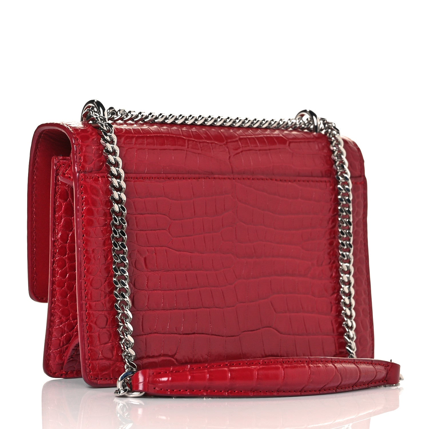 Saint Laurent Calfskin Crocodile Embossed Monogram Sunset Chain Wallet New Lipstick Red 2 of 9