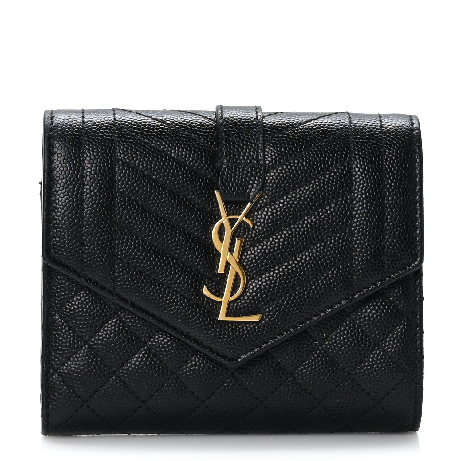 Saint Laurent Grain De Poudre Mixed Matelasse Triquilt Monogram Compact Tri Fold Wallet Black 2 of 14