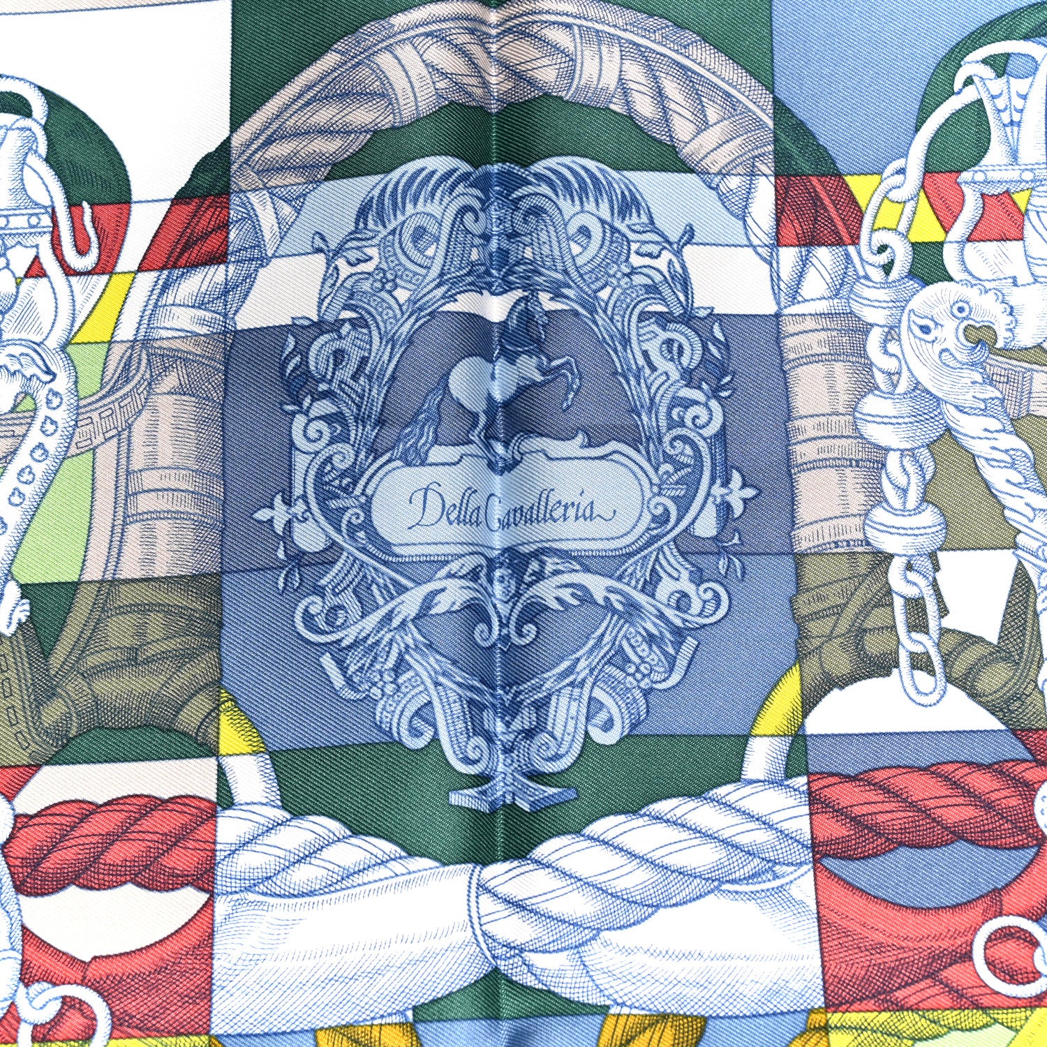 Hermes Silk Della Cavalleria Pocket Square Scarf  Bleu Ciel Vert Jaune 4 of 4