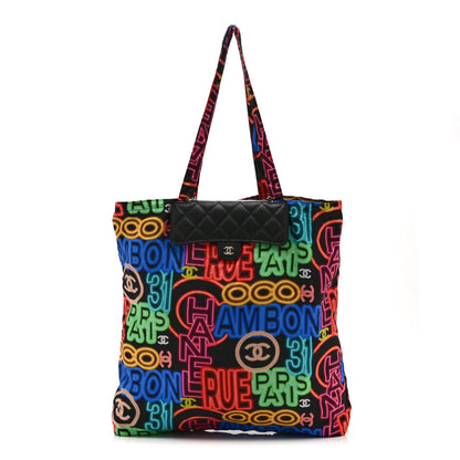 Chanel Caviar Fabric Graffiti Foldable Tote Bag With Chain Black Multicolor 3 of 19