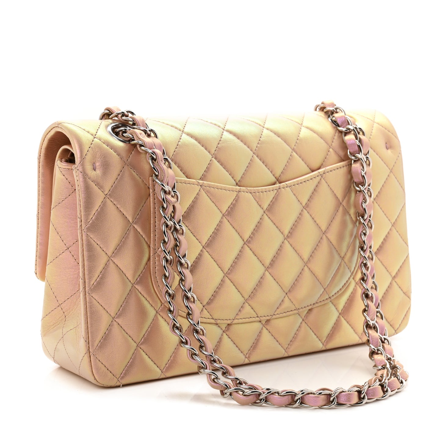 Iridescent Calfskin Quilted Medium Double Flap Pink