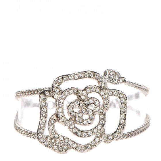 Chanel Swarovski Crystal Chain Camellia CC Bracelet Silver 1 of 3