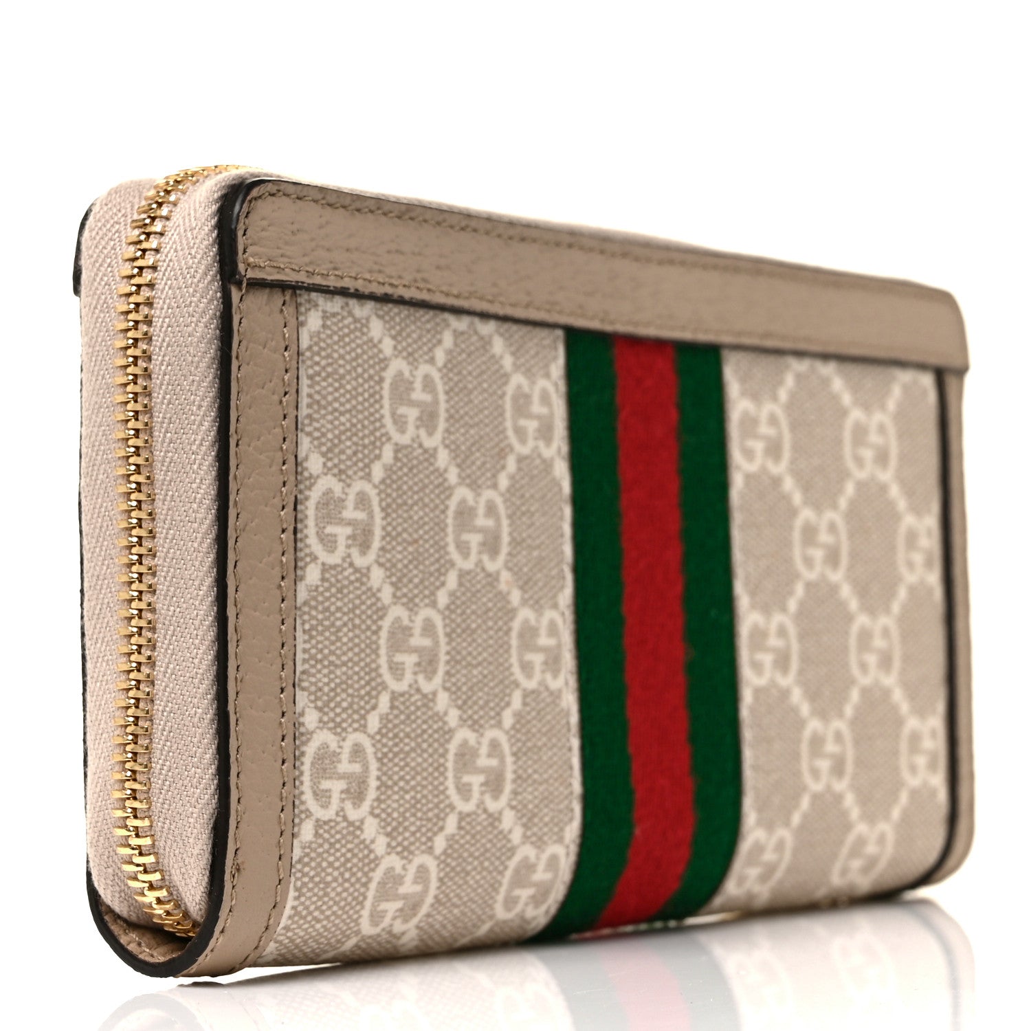 Gucci GG Supreme Monogram Textured Dollar Calfskin Web Ophidia Zip Around Wallet Beige Mystic White Oatmeal 3 of 8