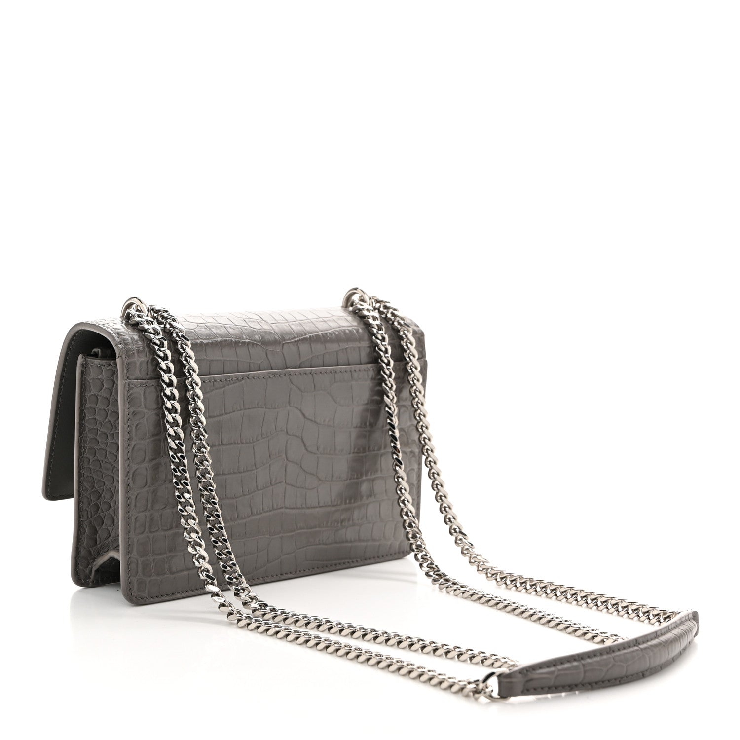 Saint Laurent Calfskin Crocodile Embossed Monogram Sunset Chain Wallet Fog 3 of 9