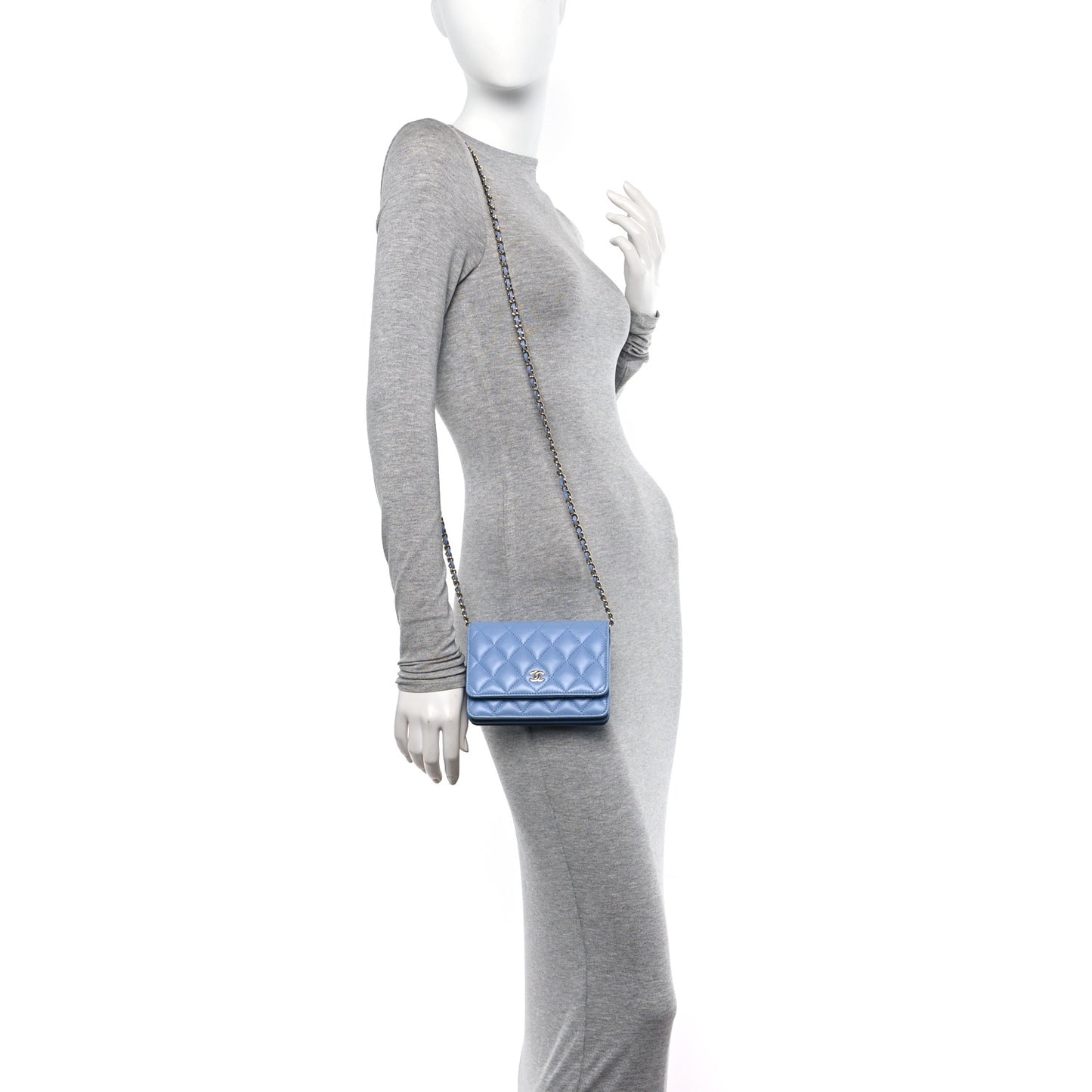Lambskin Quilted Mini Wallet On Chain WOC Light Blue