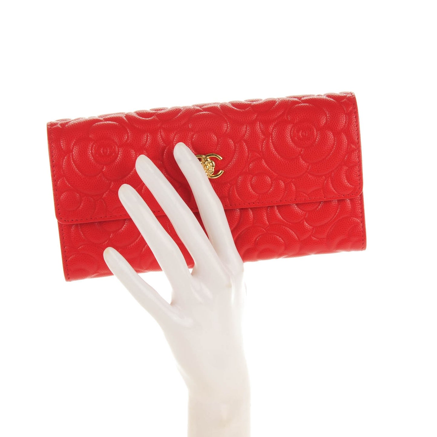 Caviar Camellia Embossed Flap Wallet Red