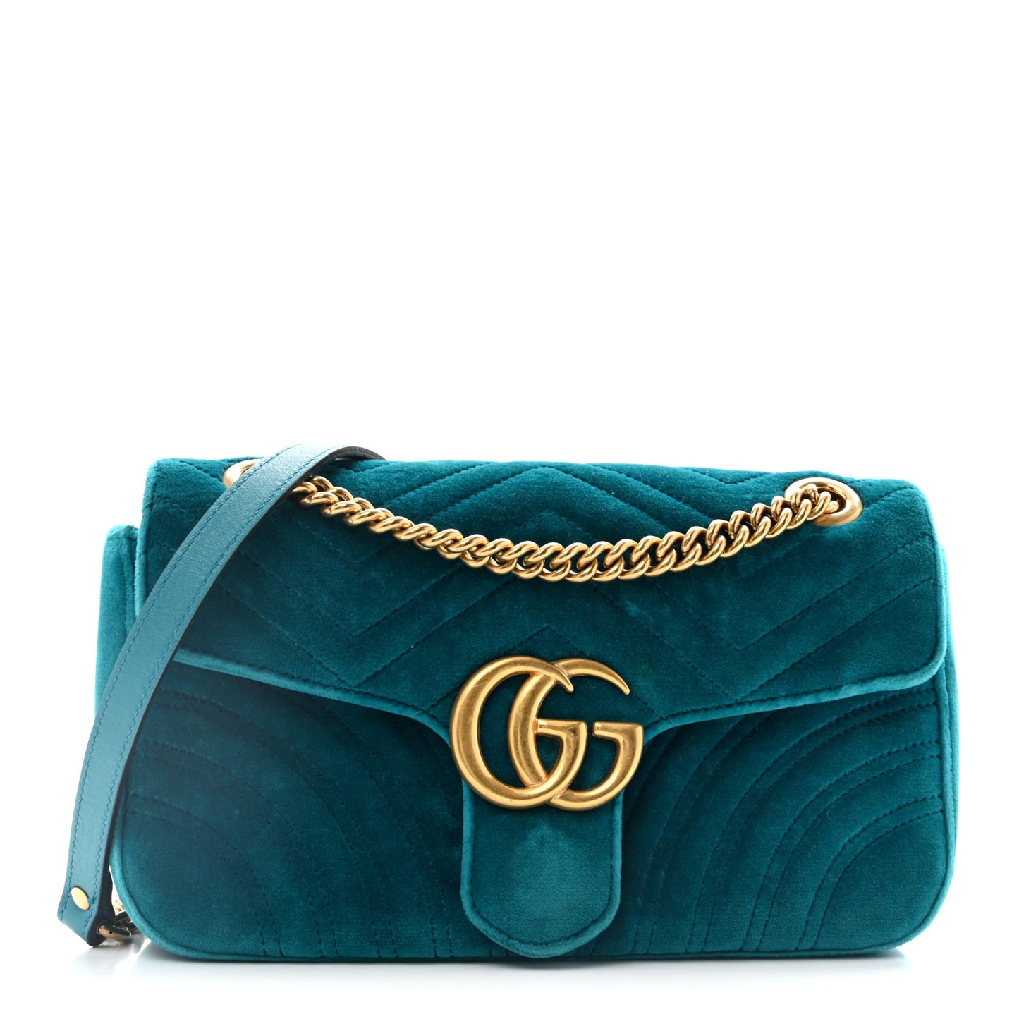Velvet Matelasse Small GG Marmont Shoulder Bag Pavone Cyan