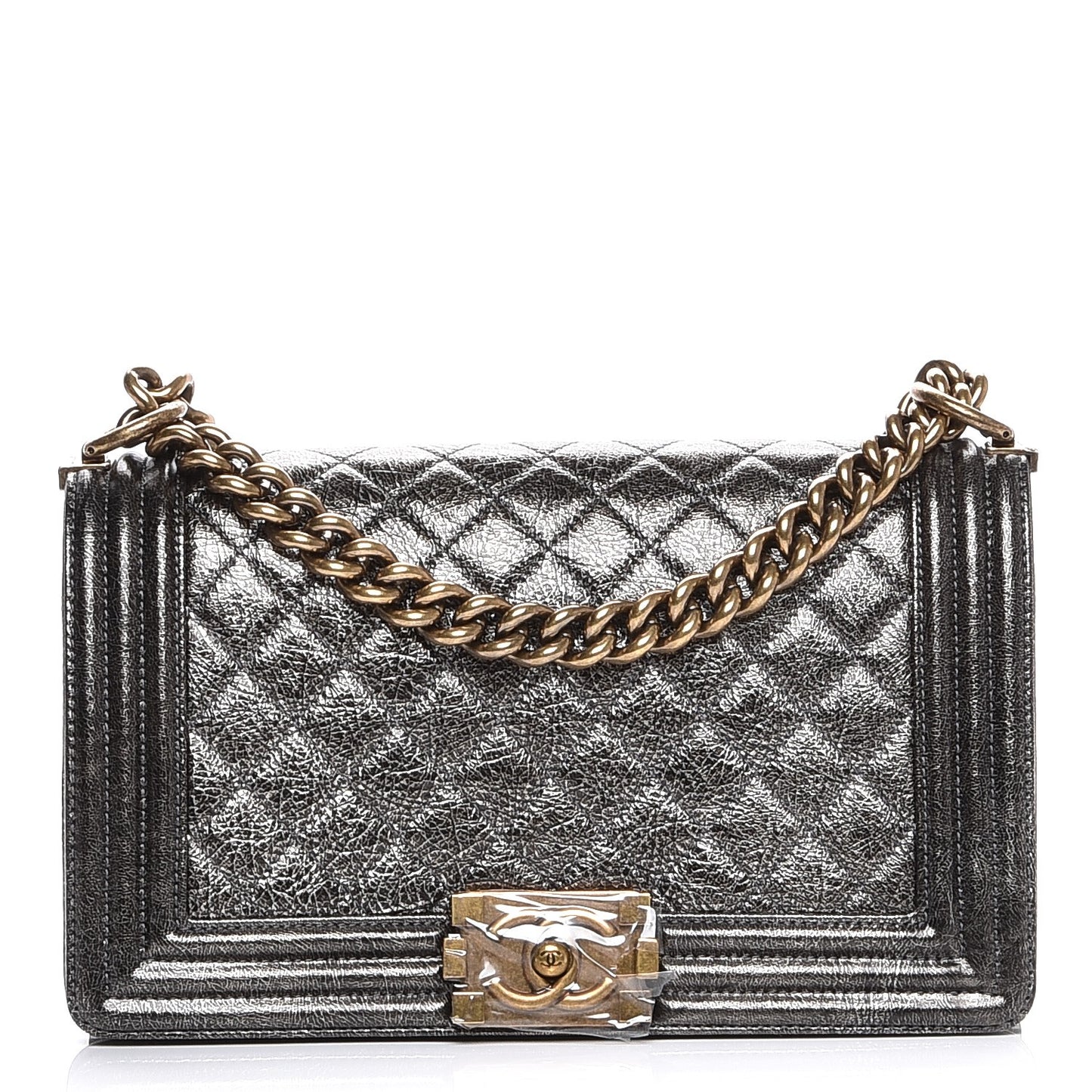 Metallic Calfskin Quilted Medium Boy Flap Dark Silver