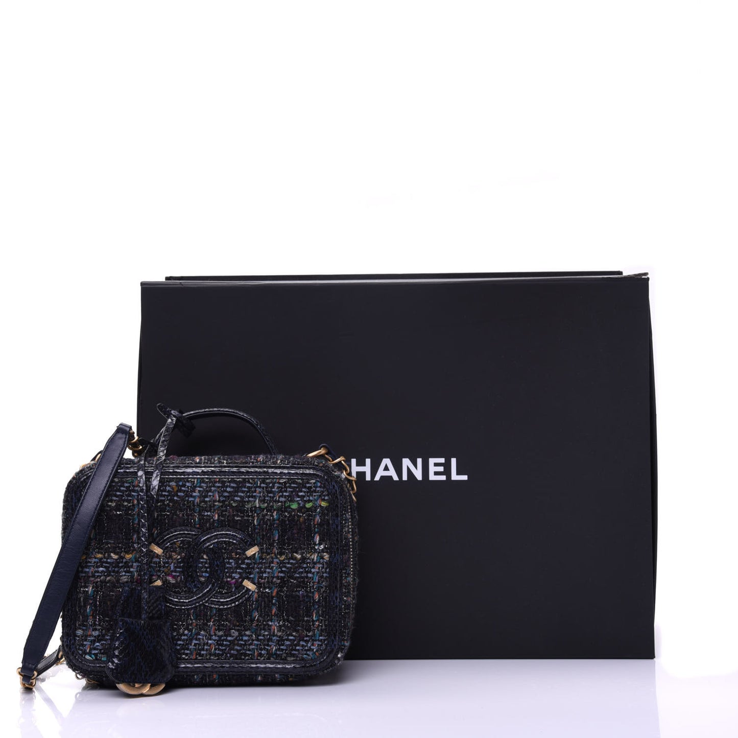 Tweed Snakeskin Quilted Medium CC Filigree Vanity Case Dark Navy