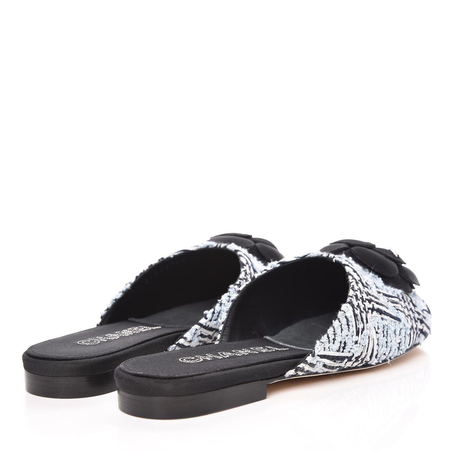 Tweed Grosgrain Camellia CC Flat Mules 36.5 Blue Silver Black