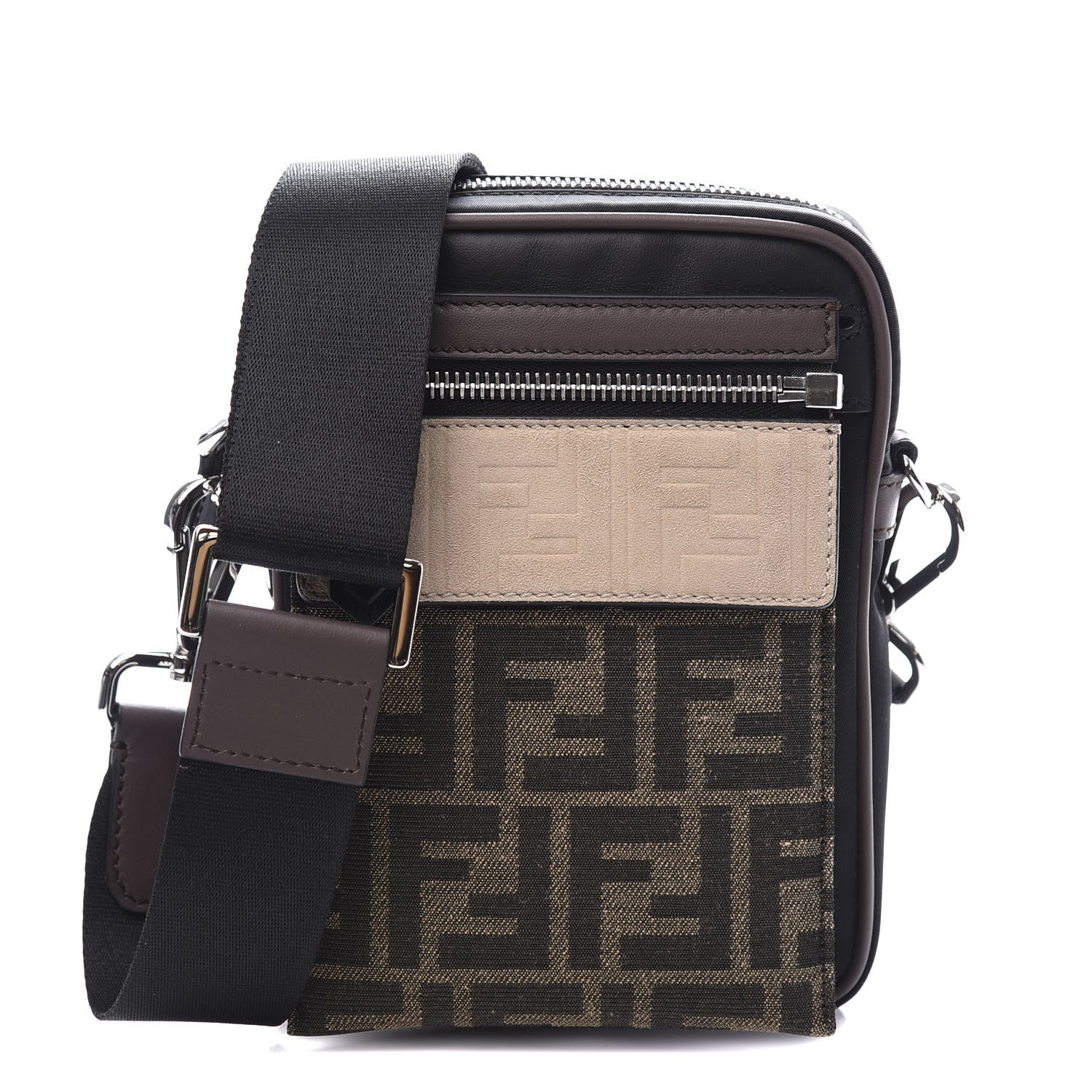 Fendi Nylon Fabric Jacquard Chamois FF 1974 Medium Crossbody Messenger Black Nuvola 1 of 10