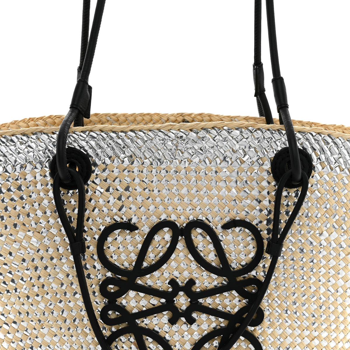 Calfskin Raffia Paulas Ibiza Sparkling Metallic Anagram Basket Tote Bag Natural Silver