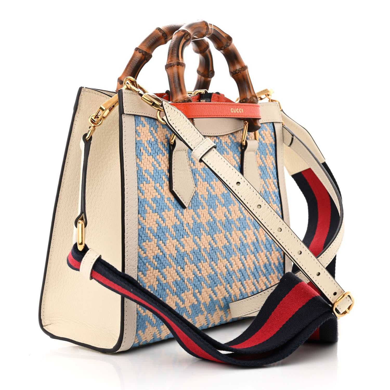 Gucci Raffia Textured Dollar Calfskin Web Houndstooth Small Diana Tote Bag Light Blue Natural Deep Orange 3 of 9