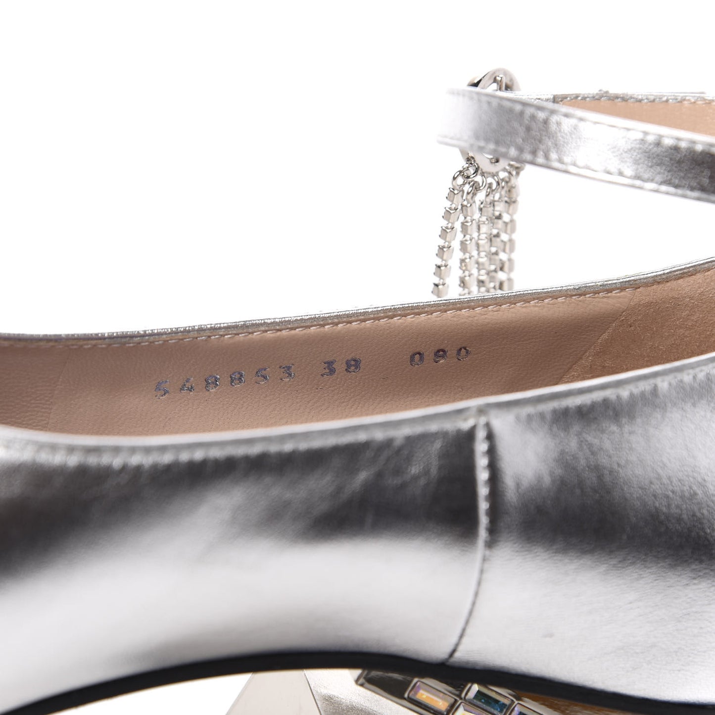 Metallic Nappa Crystal Square G Mid Heel Pumps 38 Silver