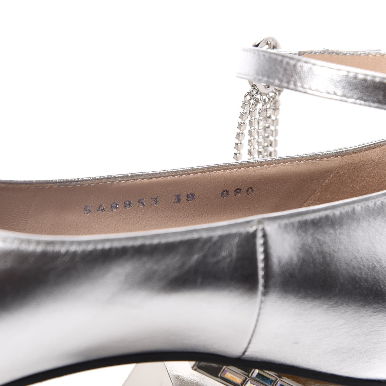 Gucci Metallic Nappa Crystal Square G Mid Heel Pumps 38 Silver 7 of 9