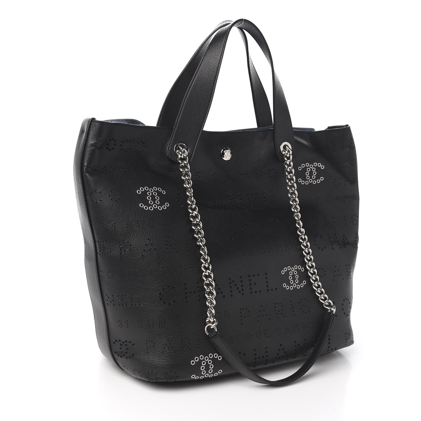 Calfskin Tweed Small Logo Eyelets Shopping Tote Black