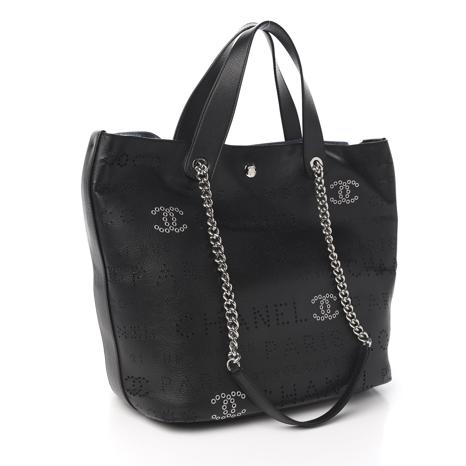 Chanel Calfskin Tweed Small Logo Eyelets Shopping Tote Black 3 of 10