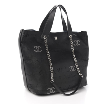 Chanel Calfskin Tweed Small Logo Eyelets Shopping Tote Black 3 of 10