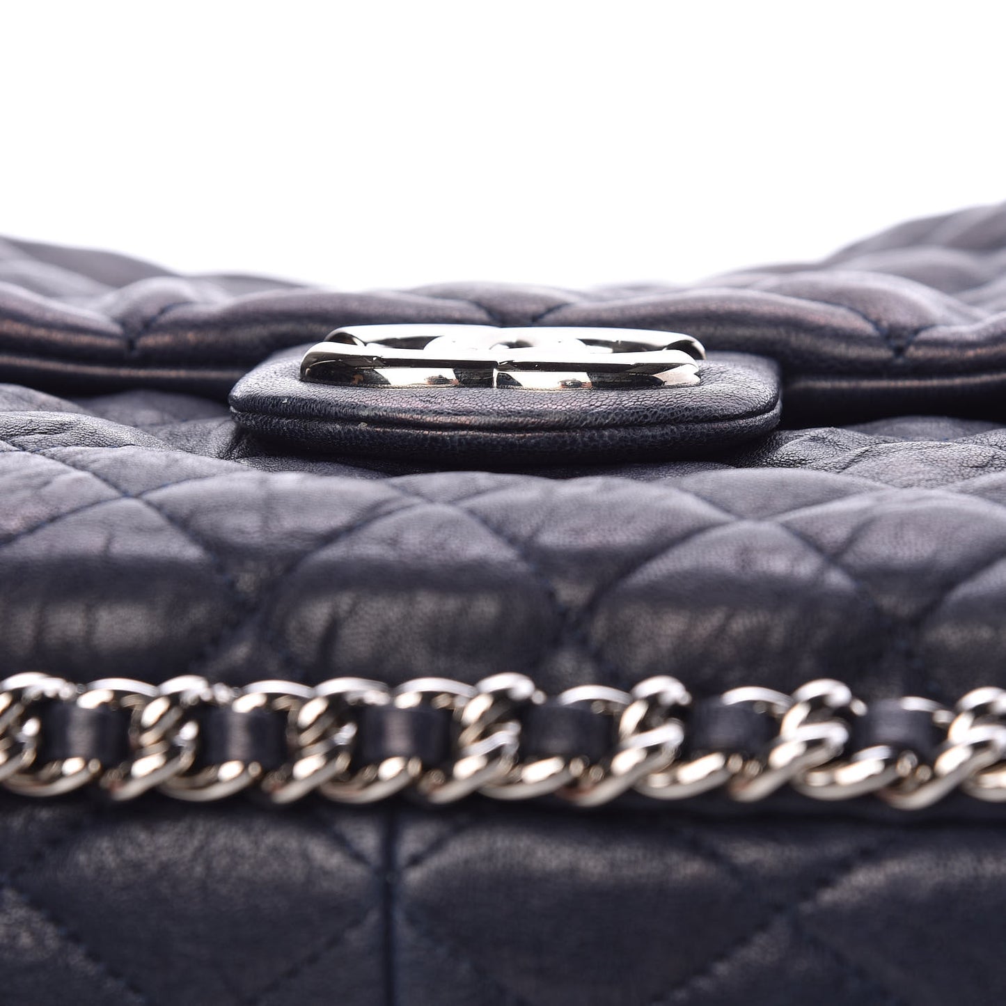 Washed Lambskin Quilted Chain Around Maxi Flap Dark Navy Blue