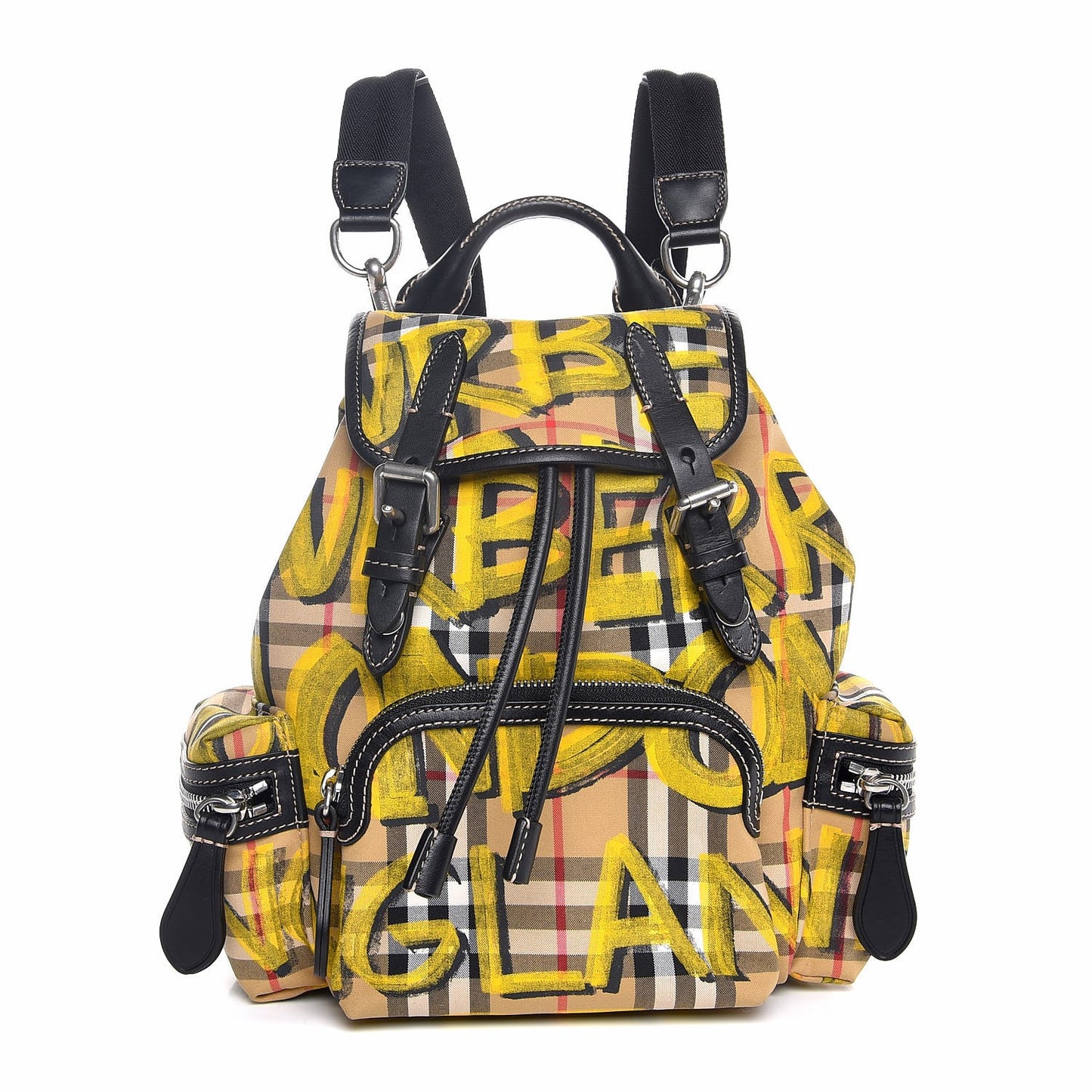 Calfskin Haymarket Check Graffiti Print Small Rucksack Backpack Yellow
