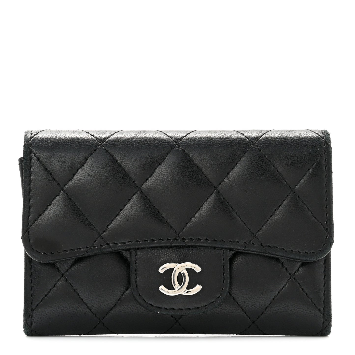 Lambskin Quilted Flap Card Holder Wallet Black