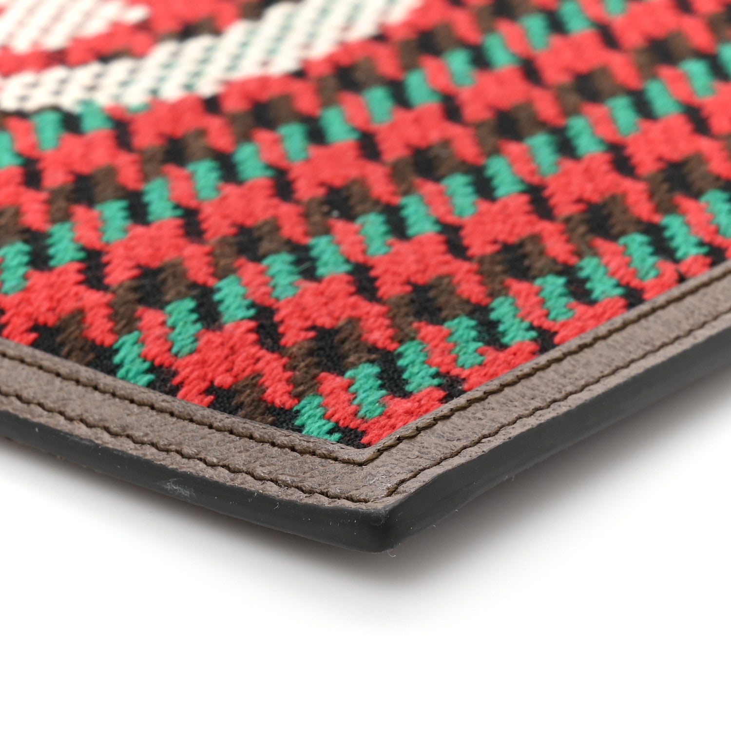 Gucci Wool Textured Calfskin Houndstooth Woven Zip Wristlet Pouch Red Green Ivory Multicolor New Acero 8 of 9