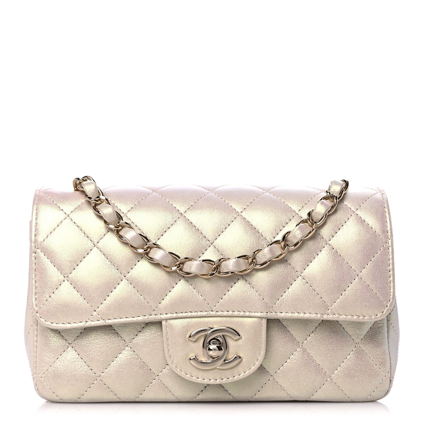 Iridescent Lambskin Quilted Mini Rectangular Flap Ivory