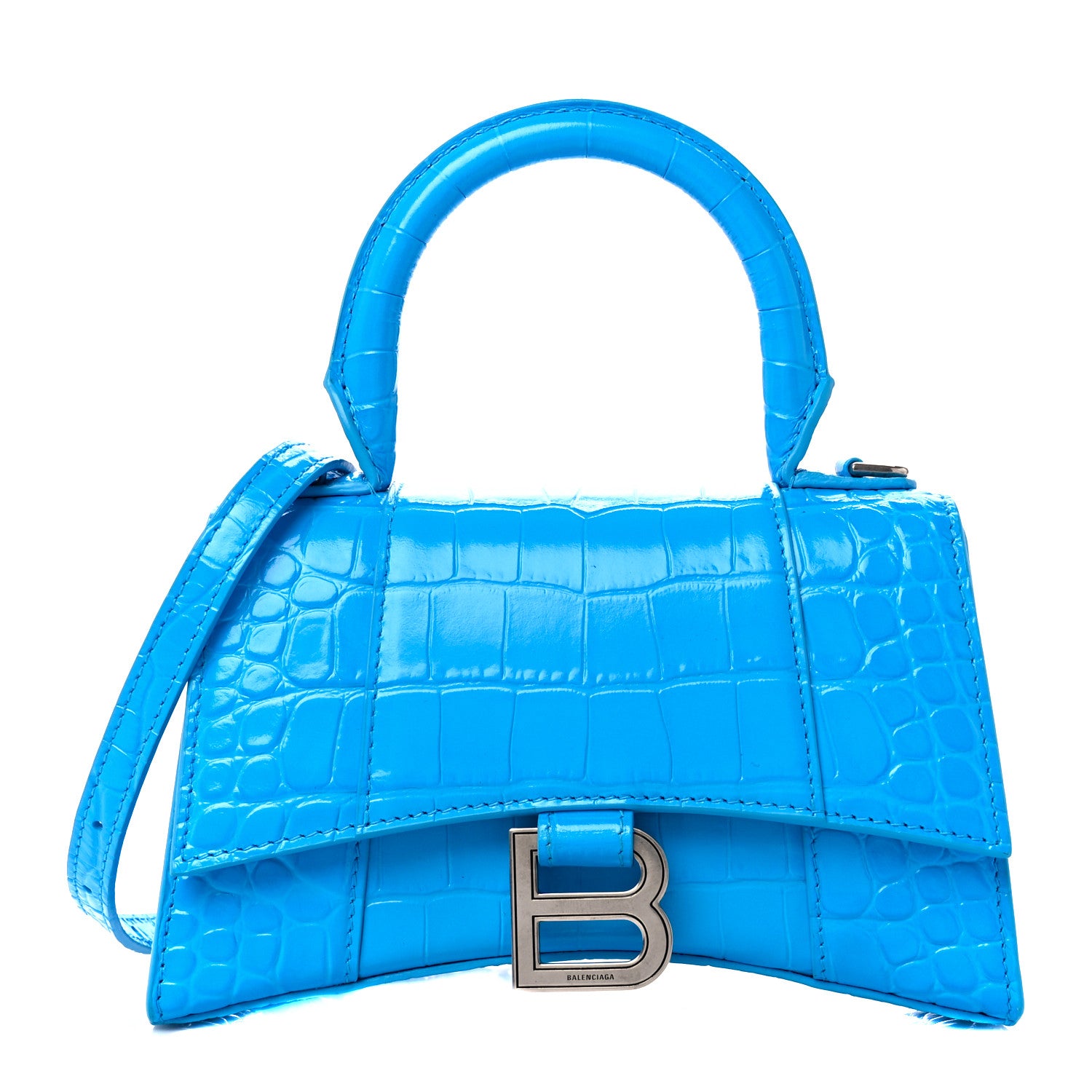 Balenciaga Shiny Calfskin Crocodile Embossed Hourglass Top Handle Bag XS Cyan 1 of 11