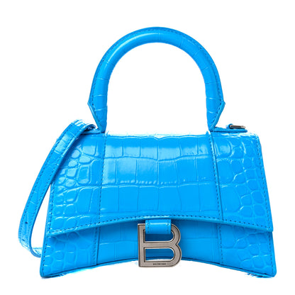 Balenciaga Shiny Calfskin Crocodile Embossed Hourglass Top Handle Bag XS Cyan 1 of 11