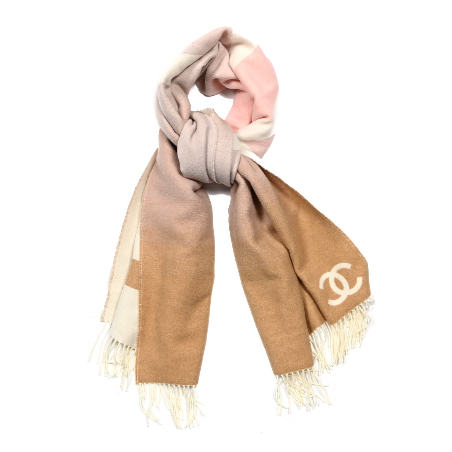 Chanel Cashmere Wool Ombre CC Fringe Stole Beige Pink White 1 of 3