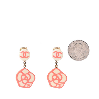 Chanel Resin Camellia CC Drop Clip On Earrings Pink White 2 of 5