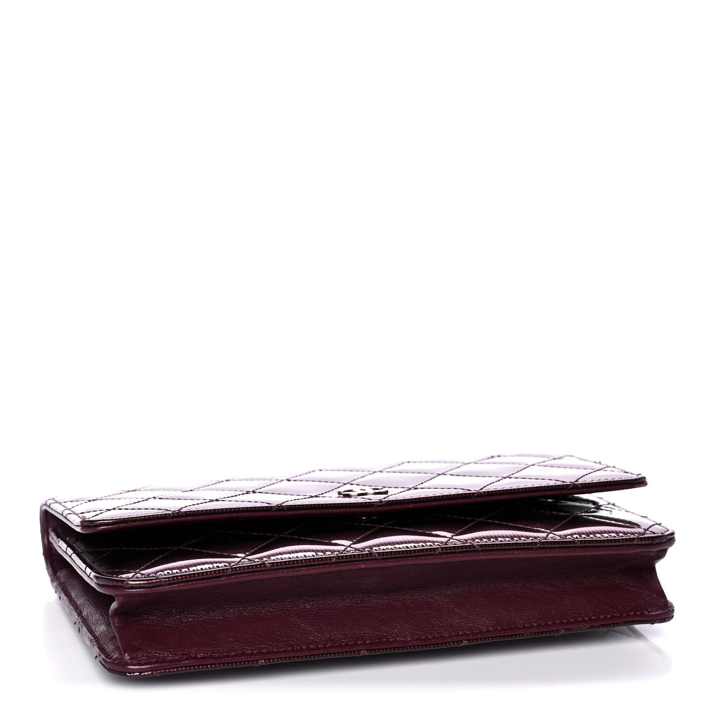 Striated Patent Quilted Wallet on Chain WOC Bordeaux