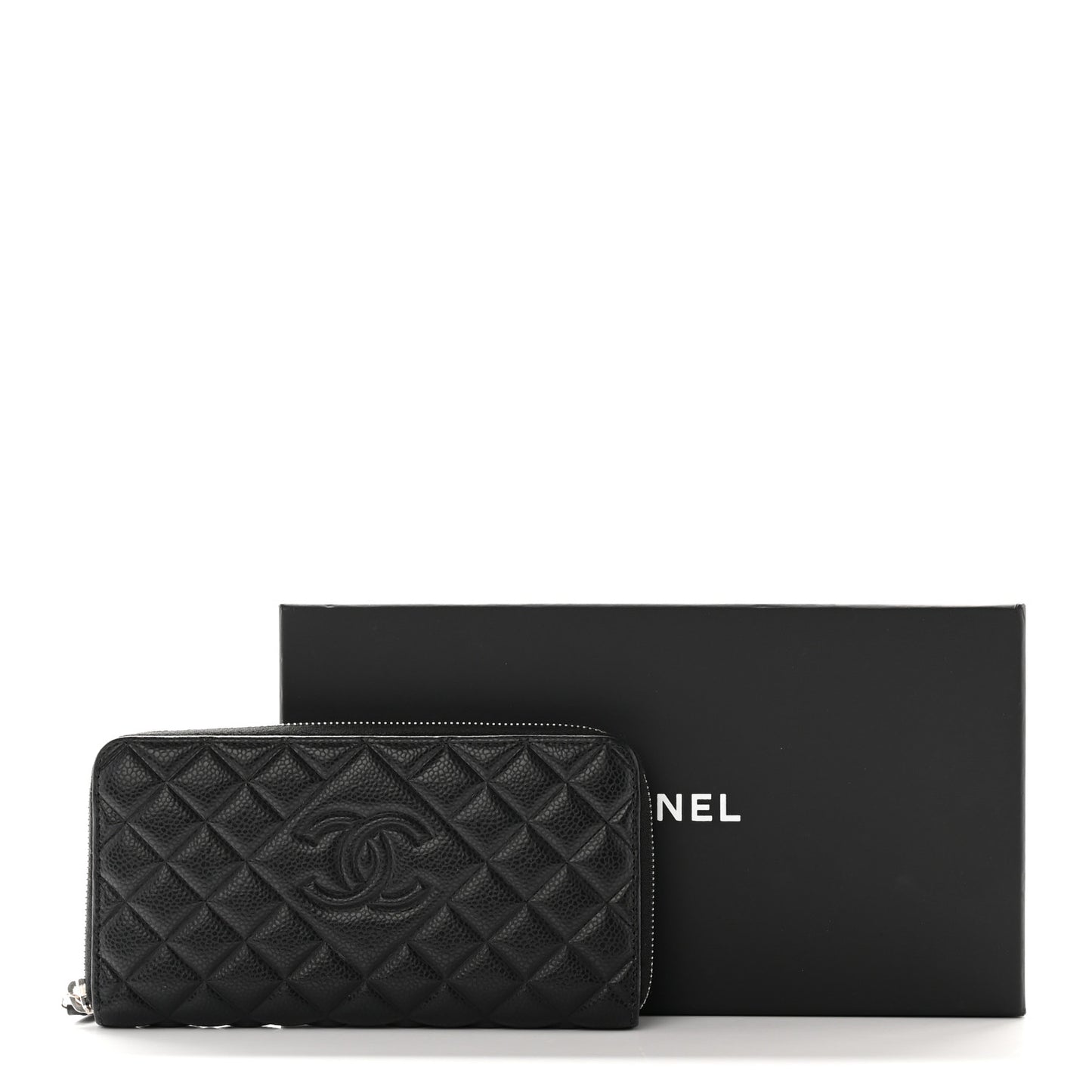 Caviar Quilted Diamond CC Gusset Zip Around Wallet Black