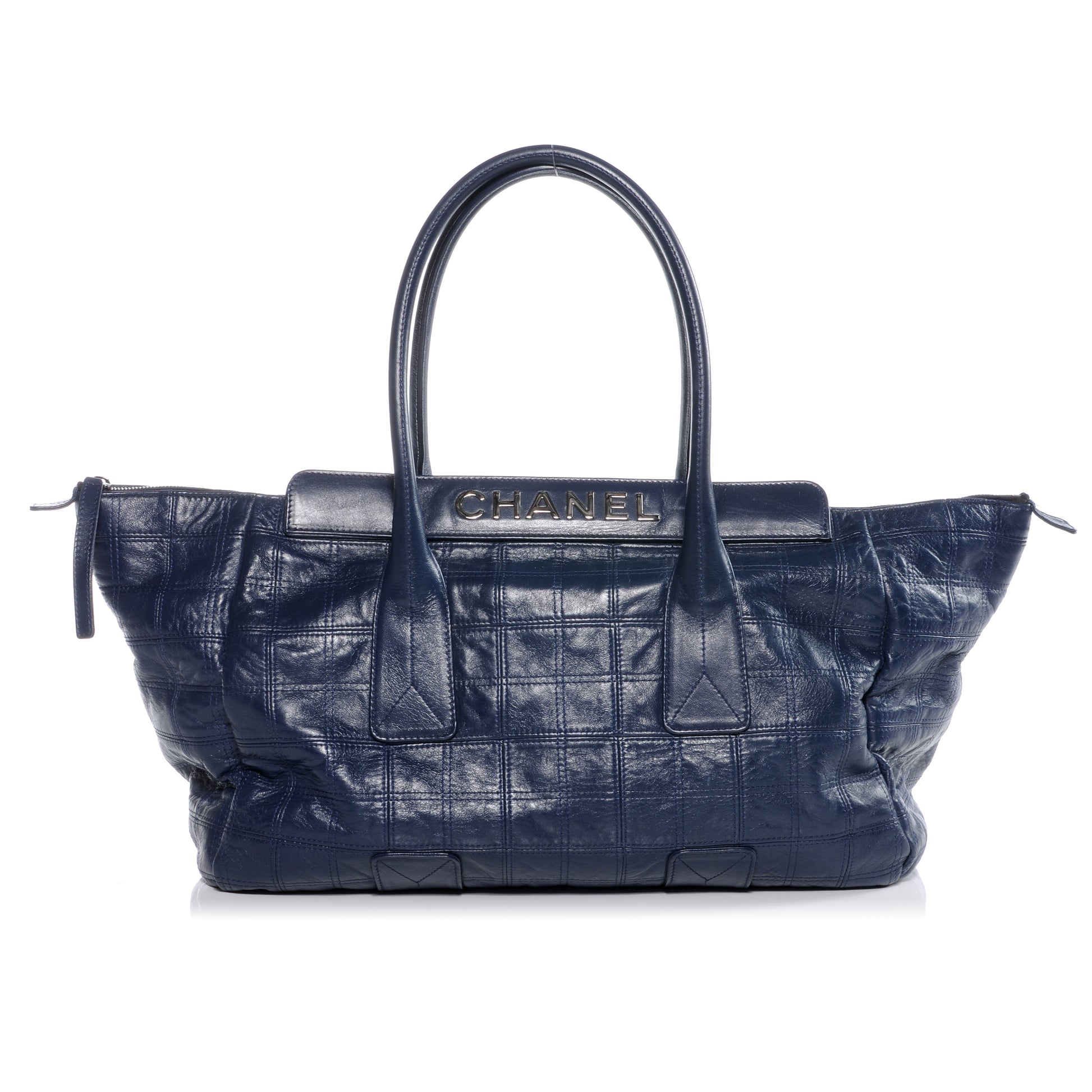 Chanel Leather Square Stitched Lax Shopping Tote Navy Blue 1 of 7