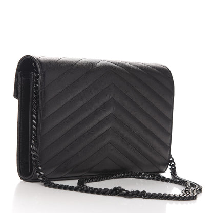 Saint Laurent Grain De Poudre Matelasse Chevron Monogram Chain Wallet Black 3 of 10