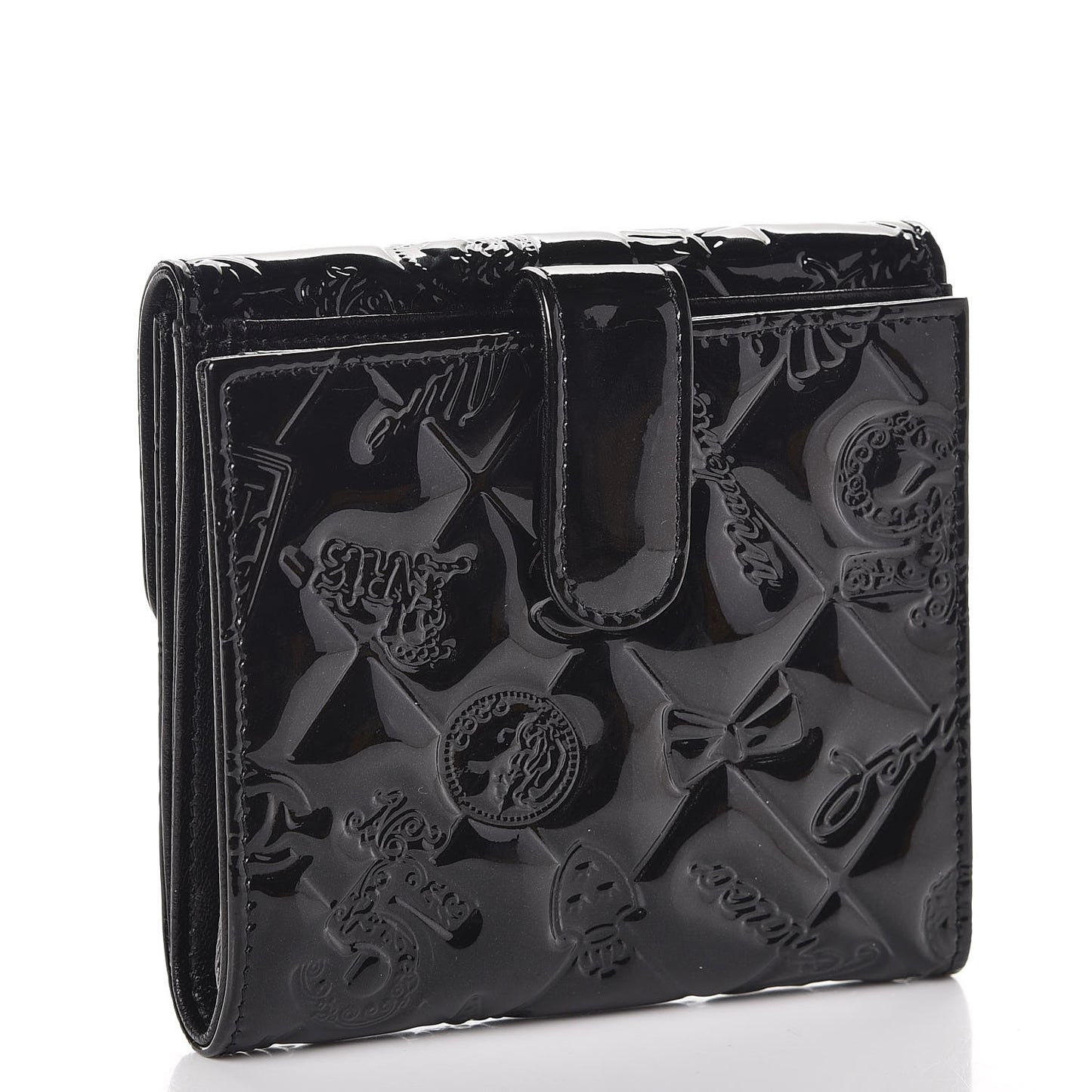 Patent Calfskin Lucky Symbols Compact French Flap Wallet Black