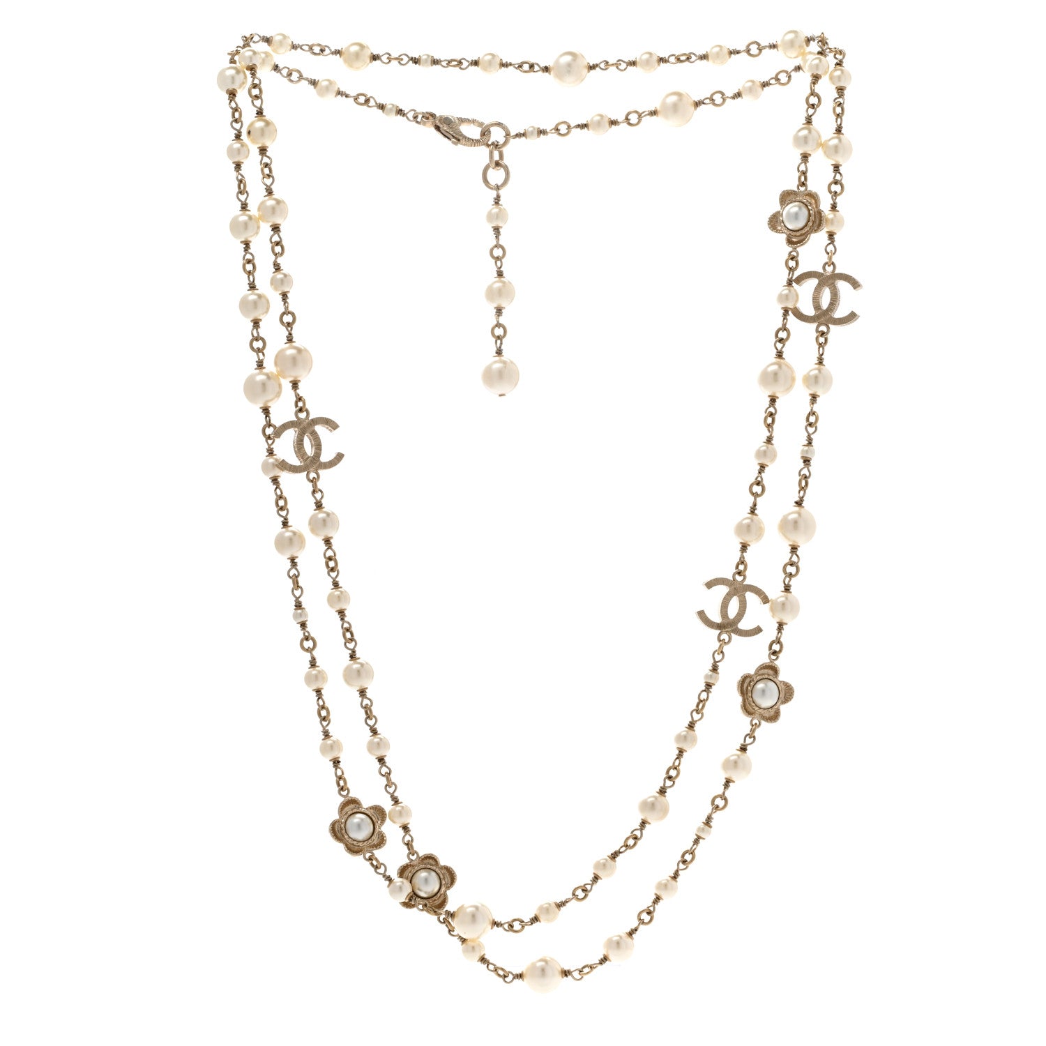 Chanel Pearl Bead CC Flower Long Necklace Gold 3 of 8
