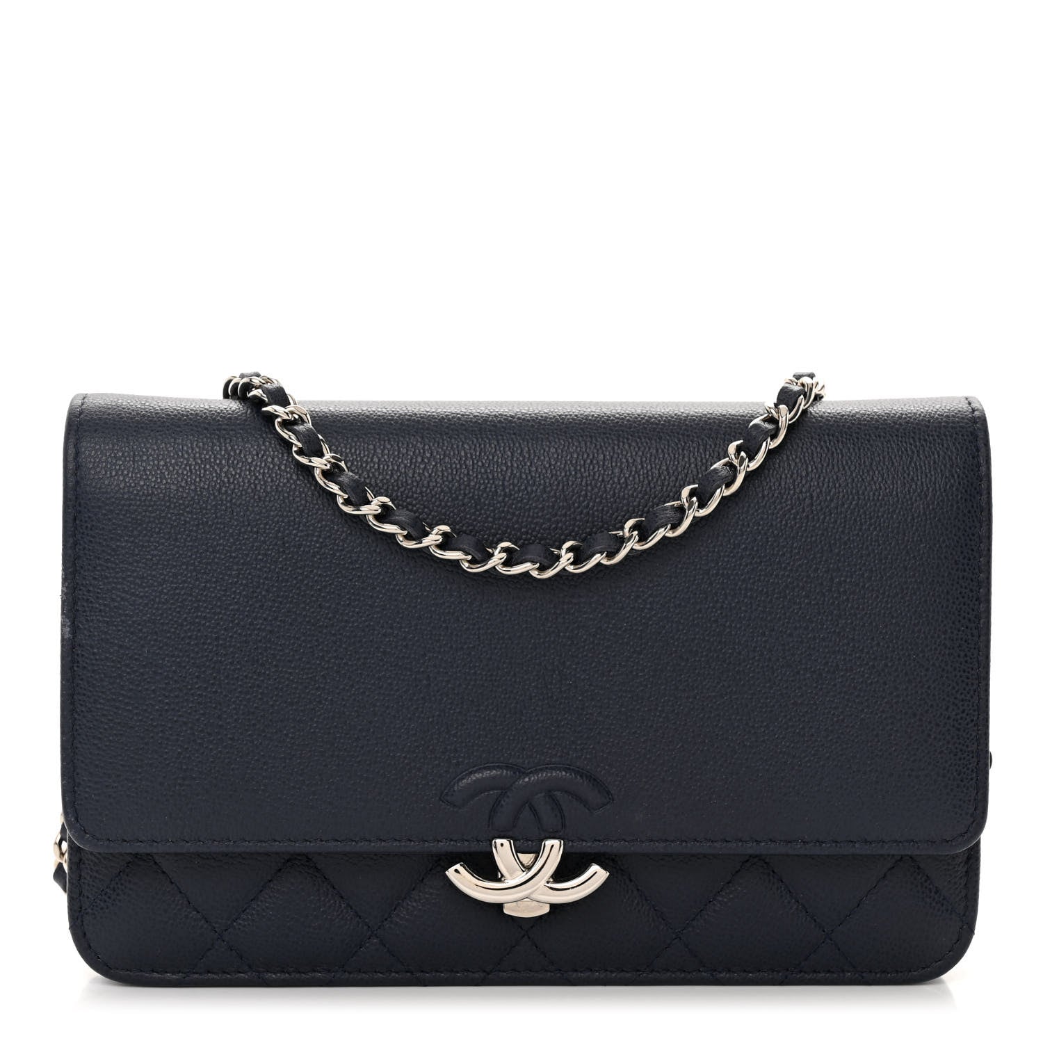 Chanel Grained Calfskin Quilted CC Box Wallet On Chain WOC Navy 1 of 12
