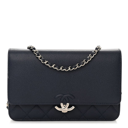 Chanel Grained Calfskin Quilted CC Box Wallet On Chain WOC Navy 1 of 12