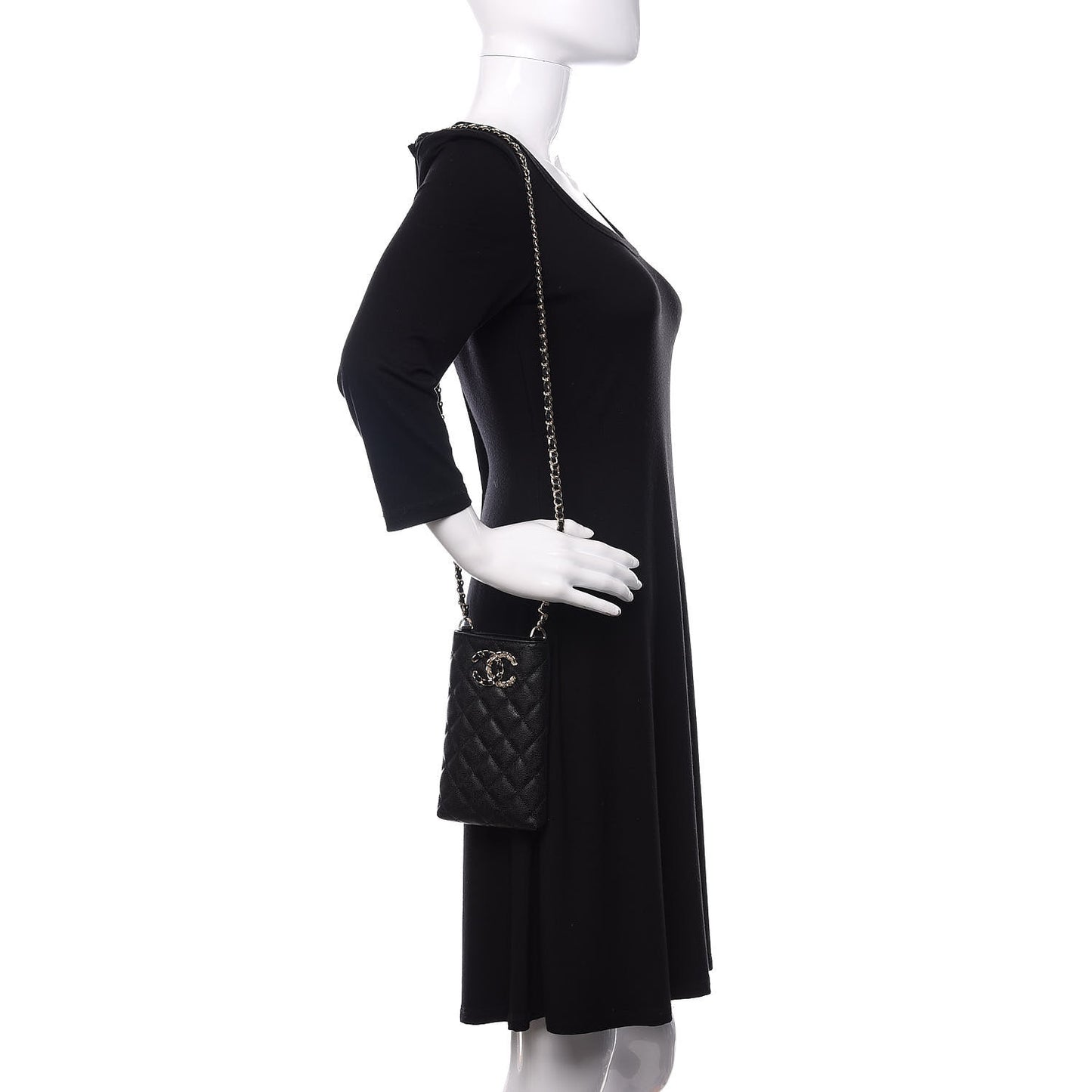 Caviar Quilted French New Wave Phone Holder With Chain Black