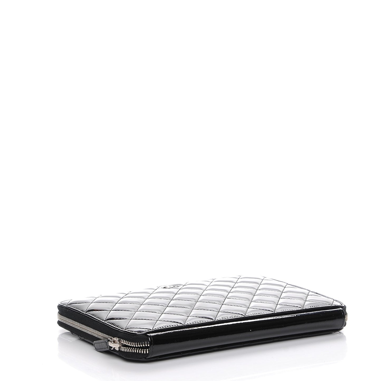 Patent Calfskin Quilted Zipped Clutch Black
