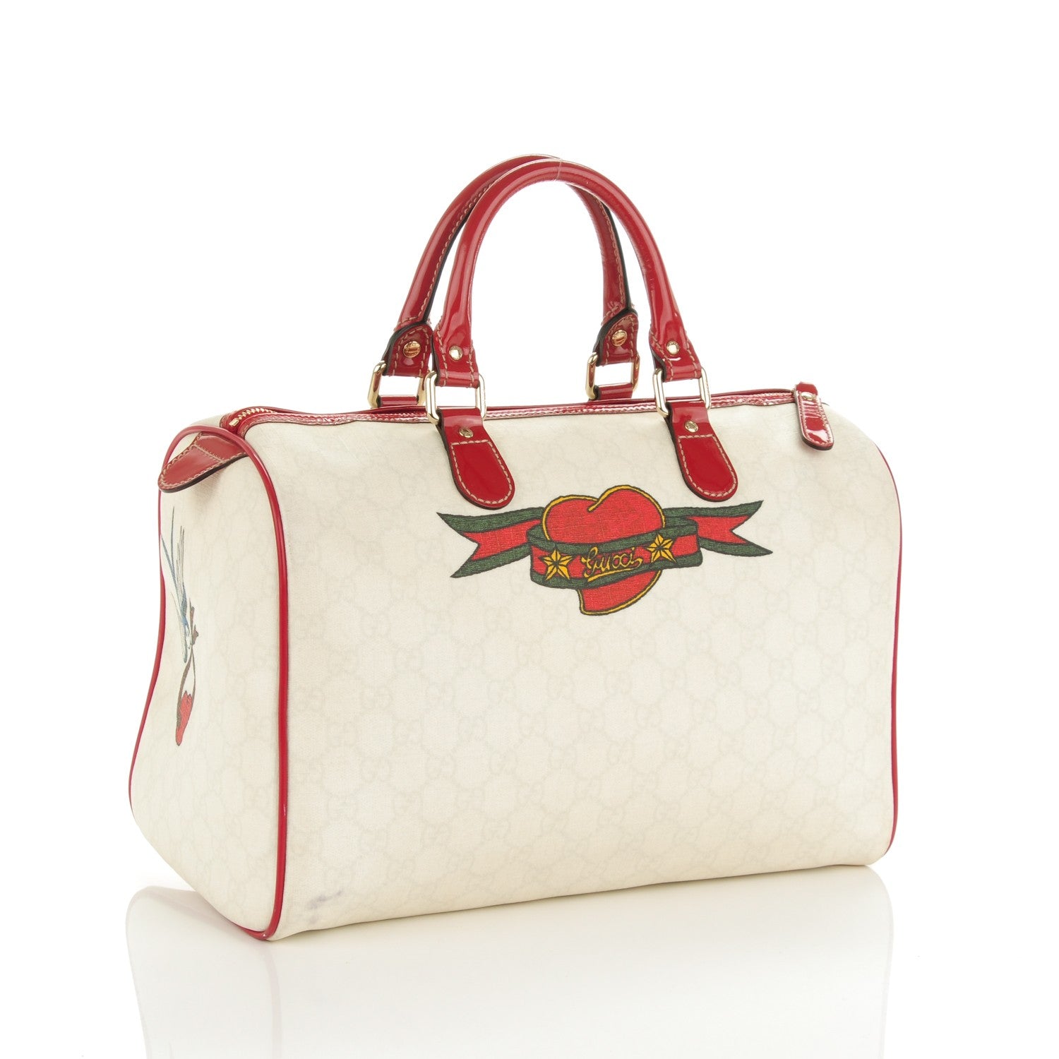 Gucci Coated Canvas Monogram Medium Tattoo Birds Joy Boston Off White Red 3 of 8