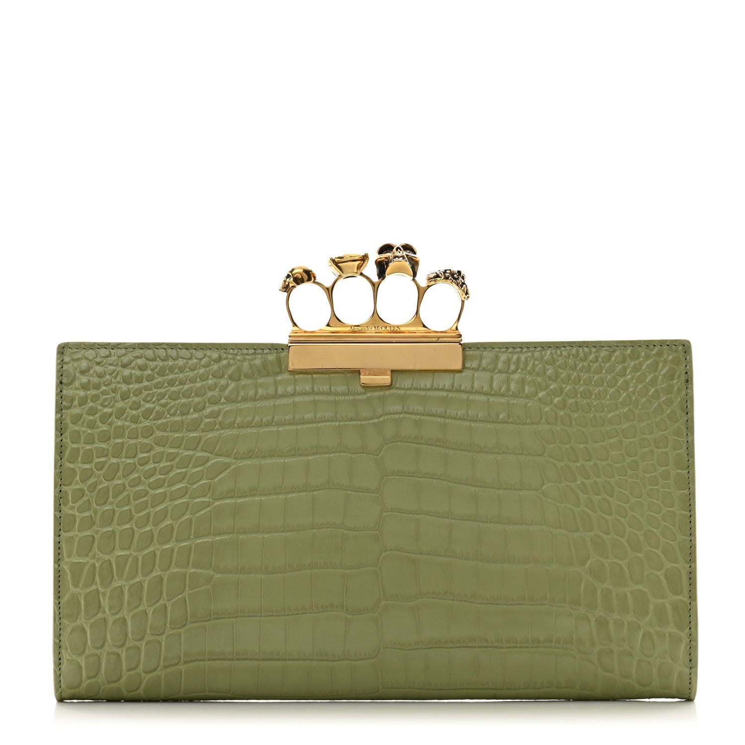 Alexander McQueen Calfskin Crocodile Embossed Knuckle Flat Clutch Sage 1 of 12