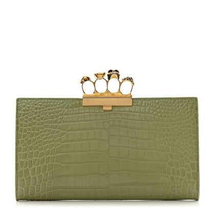 Alexander McQueen Calfskin Crocodile Embossed Knuckle Flat Clutch Sage 1 of 12