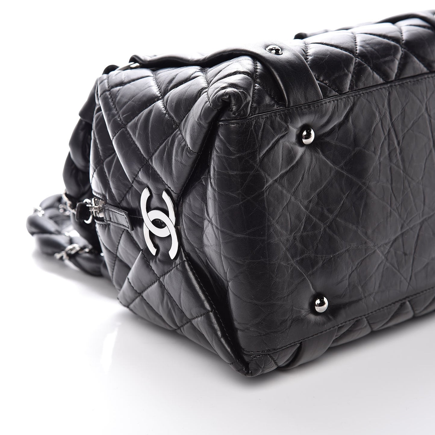 Distressed Lambskin Lady Braid Small Tote Black