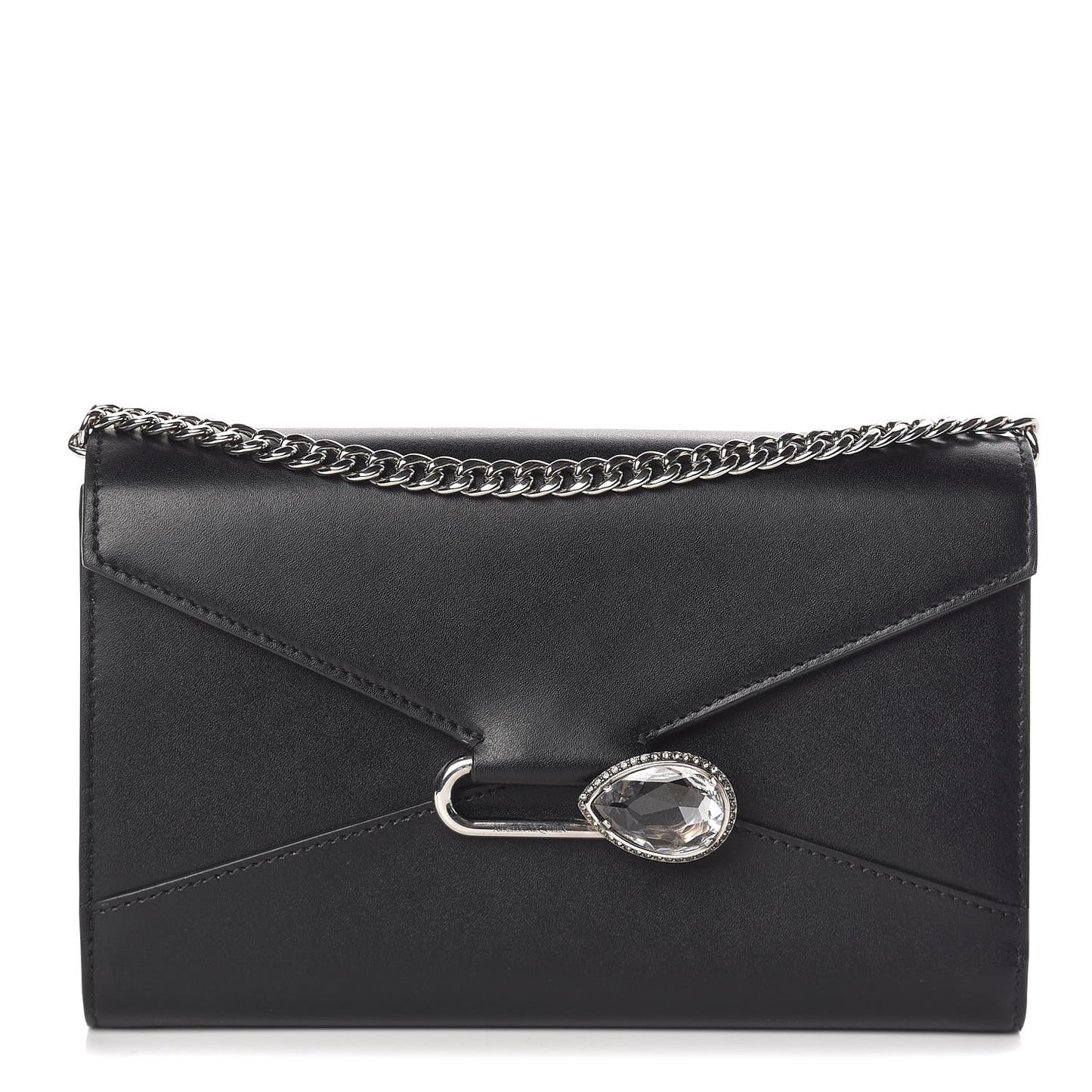 Calfskin Crystal Pin Envelope Wallet On Chain Black