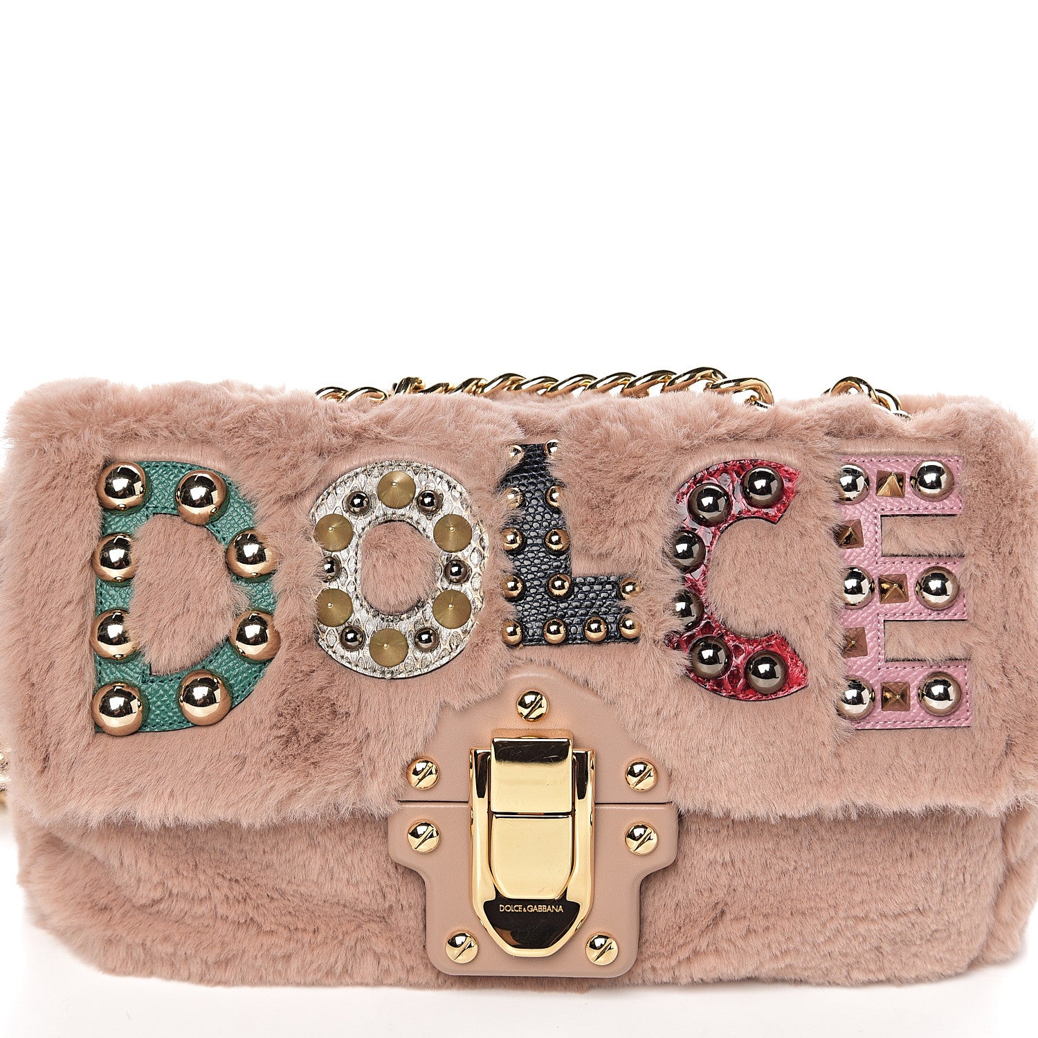 Dolce & Gabbana Faux Fur Watersnake Embellished Lucia Shoulder Bag Pink 8 of 10