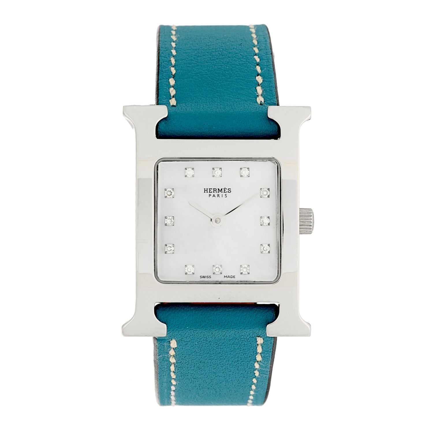 Hermes Stainless Steel Swift Diamond Mother of Pearl 21mm Heure H Hour Quartz Watch Blue Jean 1 of 4