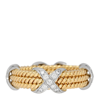 Tiffany 18K Yellow Gold Platinum Diamond Schlumberger Rope Three Row X Ring 54 7 3 of 5